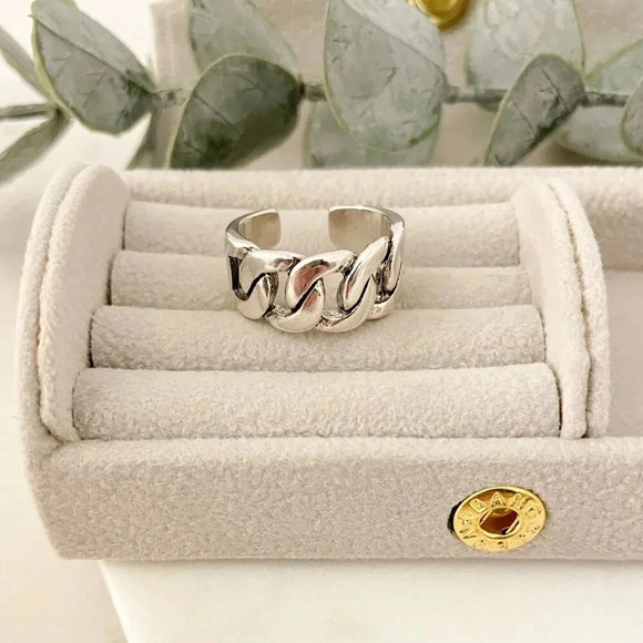 925 Sterling Silver Chunky Chain Link Ring Minimalist Curb Chain Ring - Picture 4 of 11